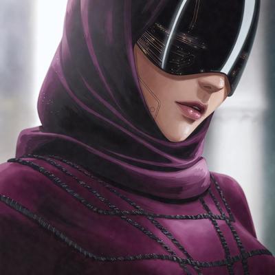 The primary subject of the image is a woman wearing a purple headscarf and a purple dress. She is looking at the camera with a pouty expression. The setting is a room with a door visible in the background. The visual style is a digital art or illustration, with the woman's face and the purple dress being the main focus of the image. The colors and mood are predominantly purple, creating a sense of elegance and sophistication.